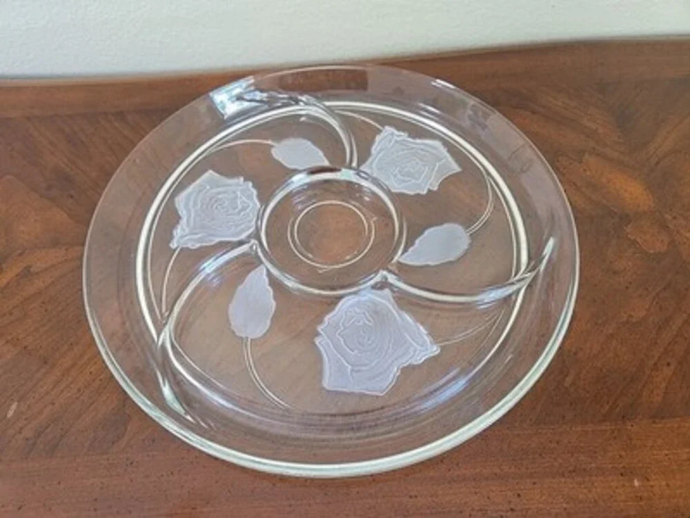Indiana Glass Pressed Frosted Rose Divided  13” Appetizer Tray